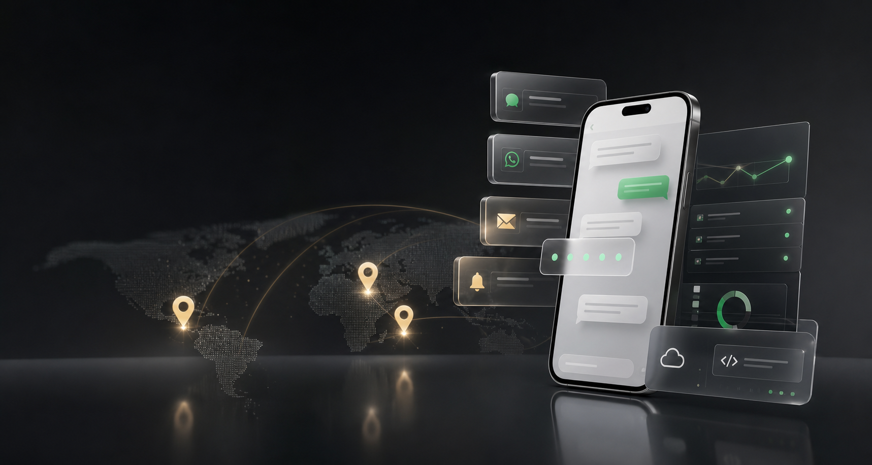Premium messaging platform interface with a phone and delivery panels